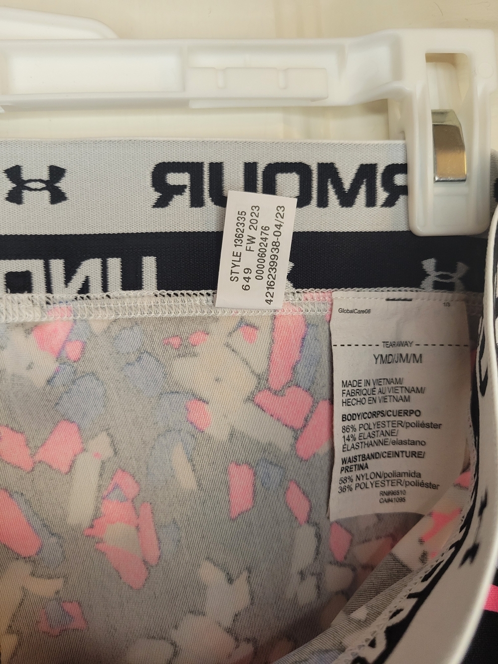 Under Armour Girl's Printed Athletic Leggings - Black with Pink & Blue Pattern - Picture 7 of 7